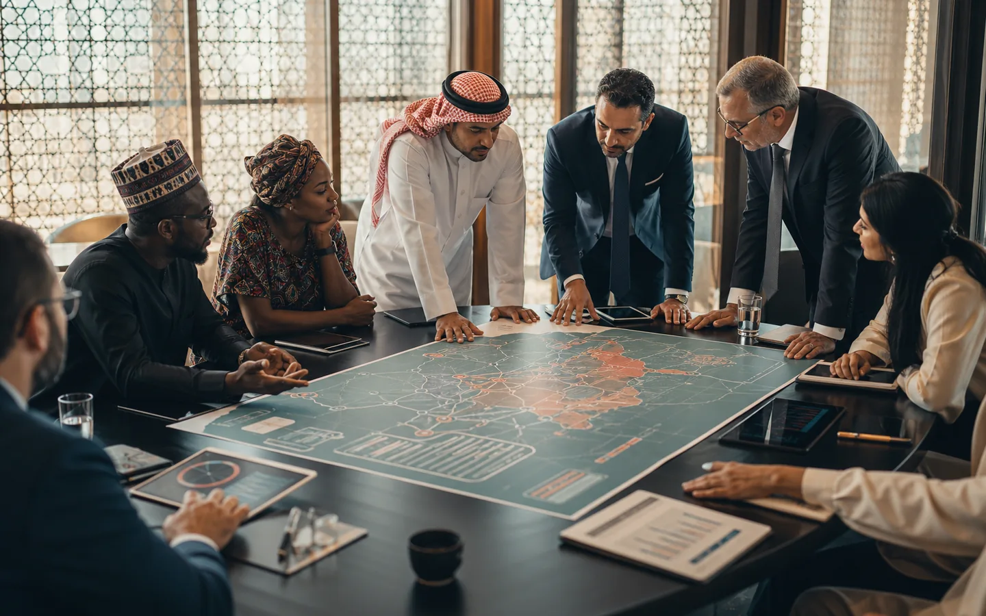 Executives and advisors reviewing a strategic partnership map